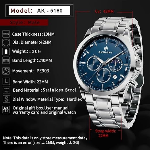 Men's Aknight 42mm Big Face Stainless Steel & Blue