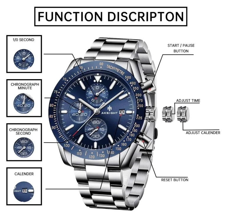 Men's Aknight 45mm Big Face Stainless Steel & Blue Watch