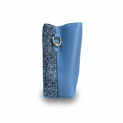 Chic Two-Tone Tweed Crossbody Bag – Light Blue White Gold Accent