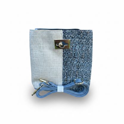 Chic Two-Tone Tweed Crossbody Bag – Light Blue White Gold Accent