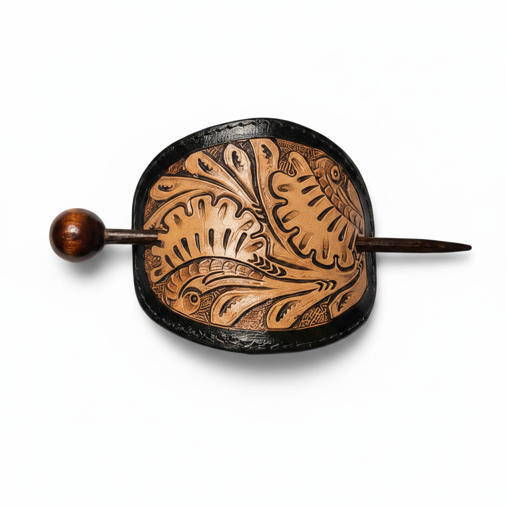 Handcrafted Leather Hair Barrette 4" x 3" Oval
