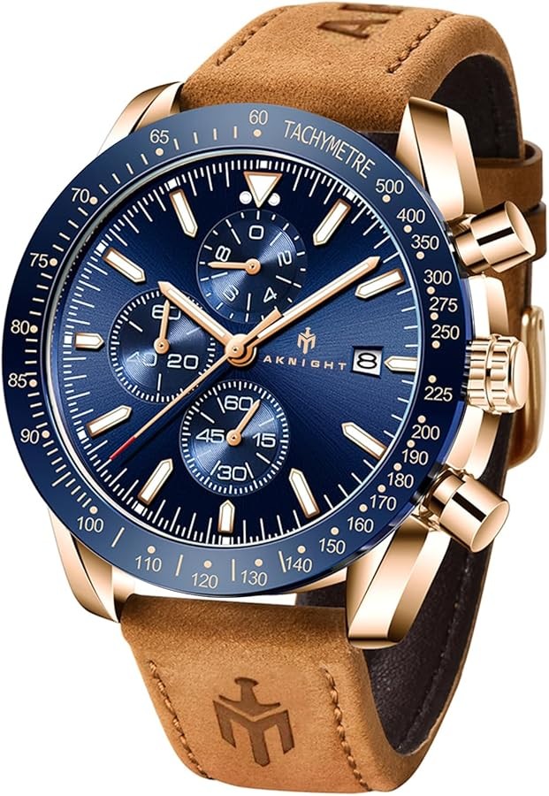 Men's Aknight 45mm Big Face Blue & Gold Watch w/ Leather Strap