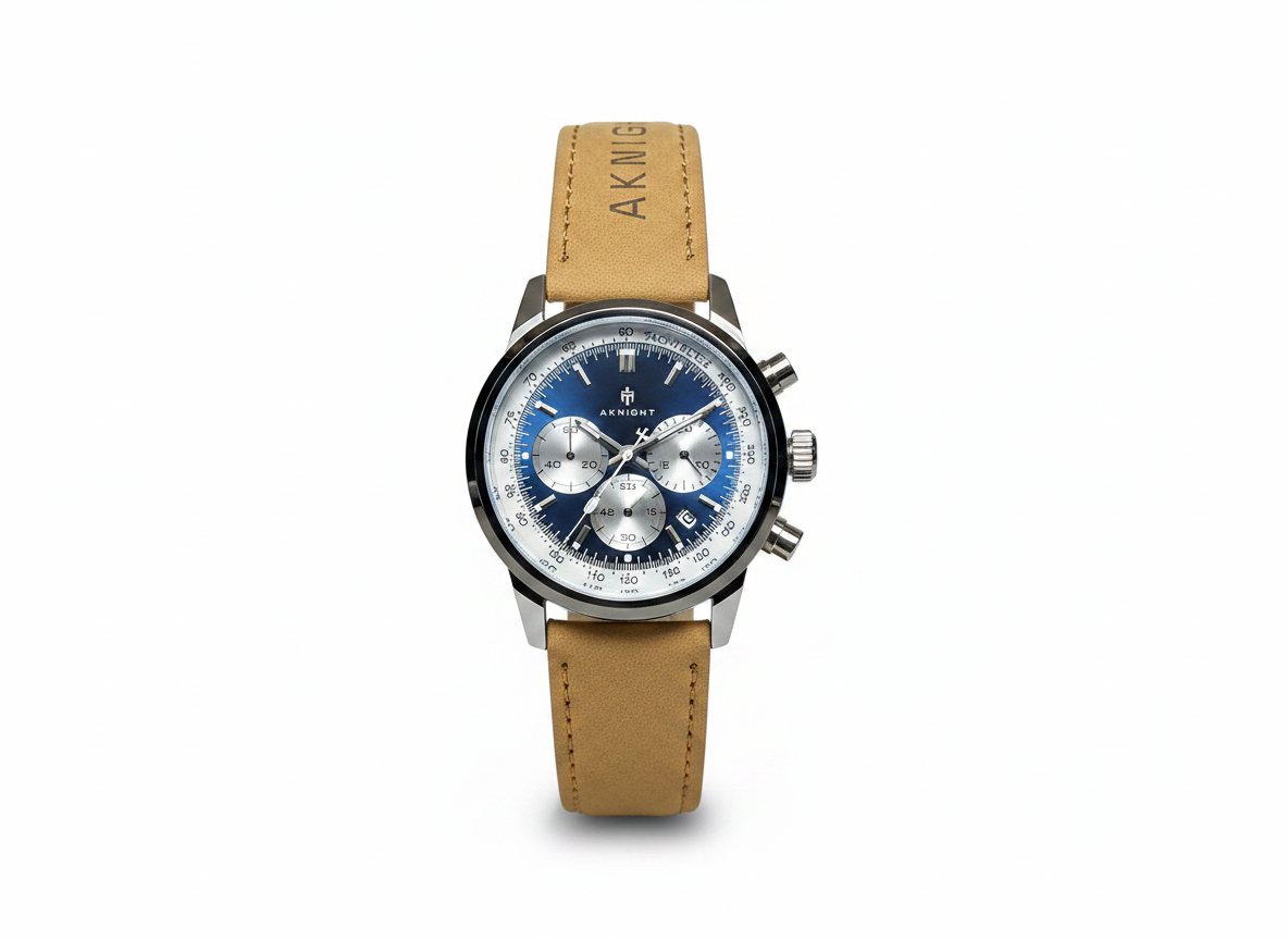 Men's Aknight 42mm Big Face Blue & Silver w/ Leather Strap