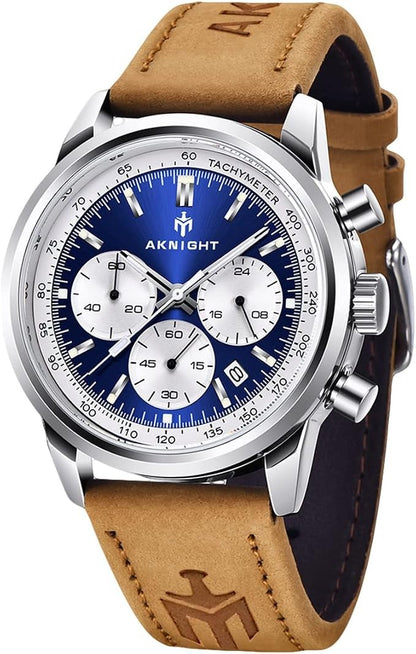 Men's Aknight 42mm Big Face Blue & Silver w/ Leather Strap