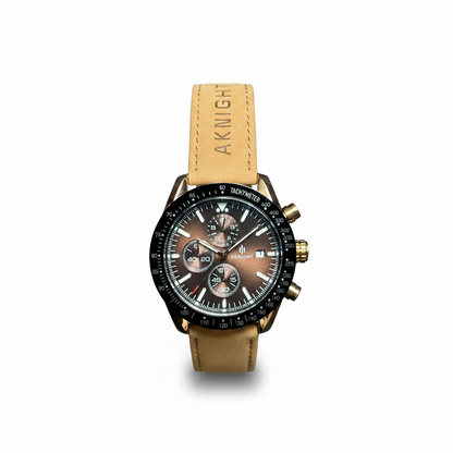 Men's Aknight 45mm Big Face Black/Brown & Gold Watch w/ Leather Strap