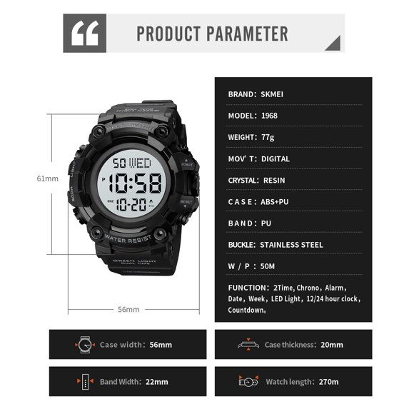 SKMEI Men’s Military Style Digital Watch Black LED Sport Outdoor Wristwatch