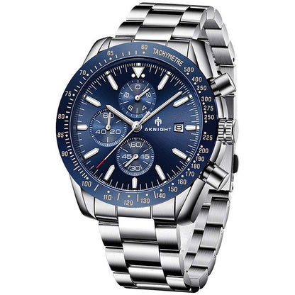 Men's Aknight 45mm Big Face Stainless Steel & Blue Watch