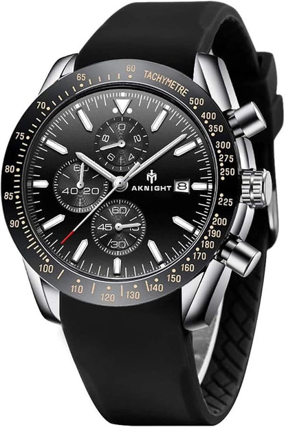 Men's Aknight 44mm Big Face Black & Silver w/ Silicone Strap