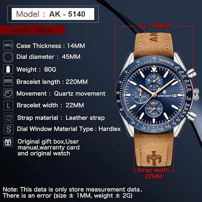 Men's Aknight 45mm Big Face Blue & Silver Watch w/ Leather Strap
