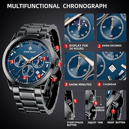 Men's Aknight 42mm Big Face Black Stainless Steel & Blue