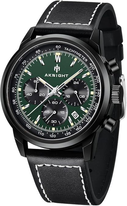 Men's Aknight 42mm Big Face Black & Green Watch Leather Strap