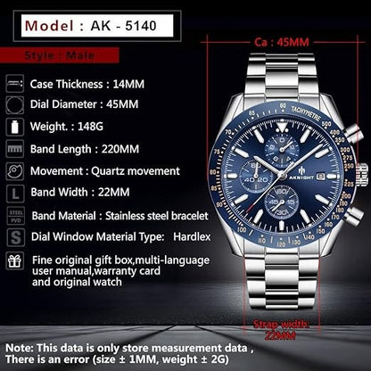 Men's Aknight 45mm Big Face Stainless Steel & Blue Watch
