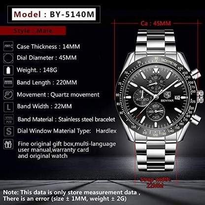 Men's Benyar 45mm Big Face Stainless Steel & Black