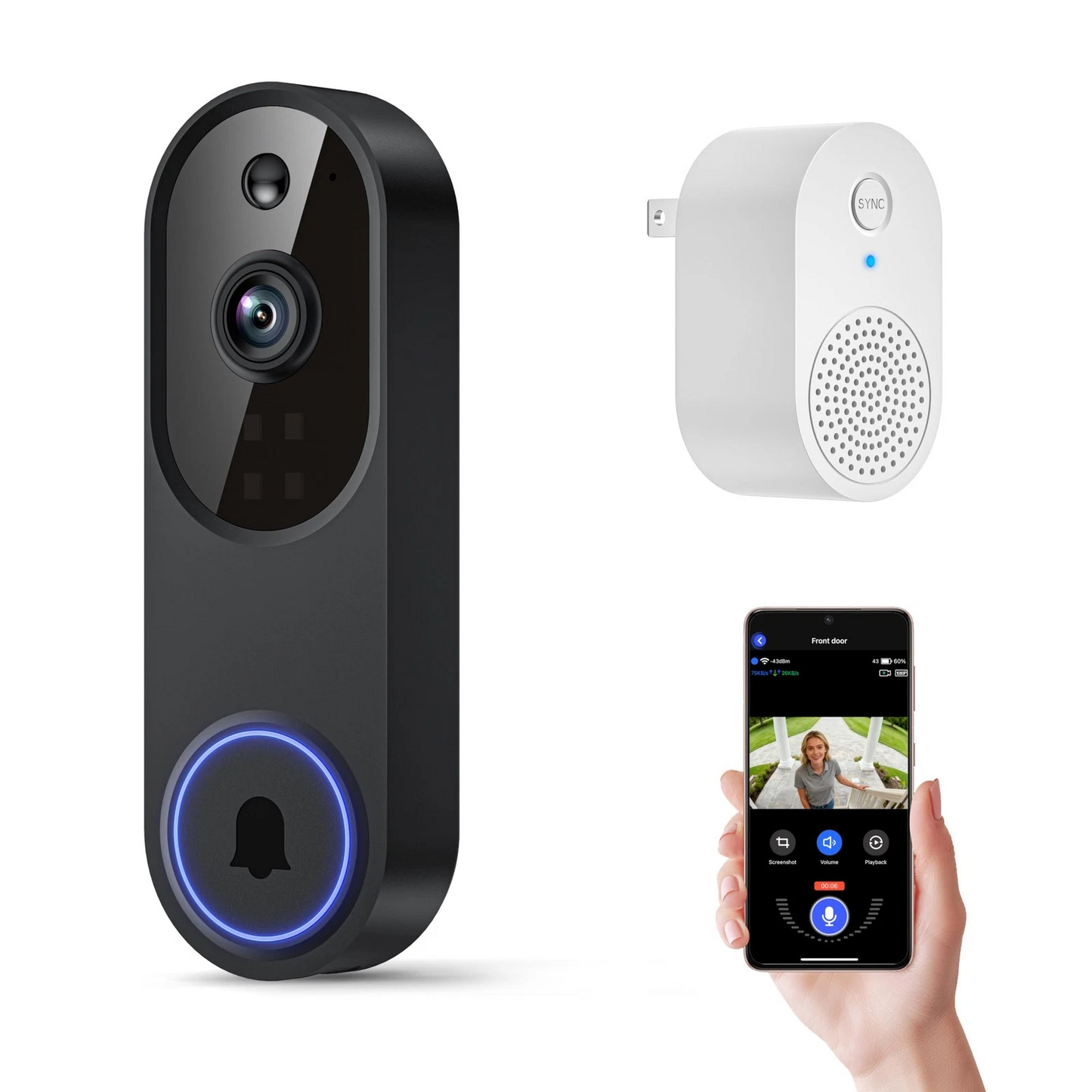 Orbitell 1080p Wireless Wi-Fi Video Doorbell Camera with Two Way Audio, Night Vision, Cloud Storage, Smart AI Motion Detection